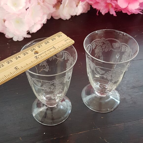 2pc Vintage Bohemia Czech Crystal Etched Thistle 4oz Juice Glasses - Picture 7 of 7